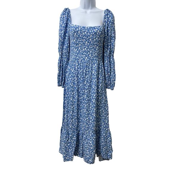 Reformation Mica Floral Print Square Neck Midi Dress Size 8 Blue Tiered Cottage - Picture 1 of 8